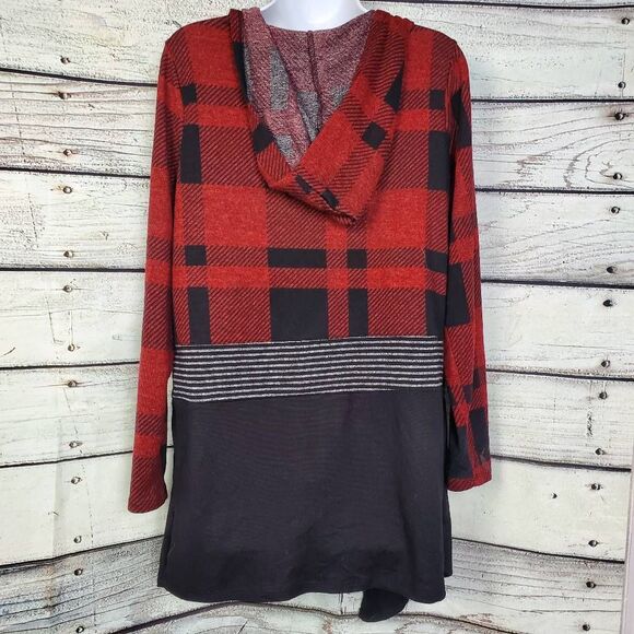 Maurices Hooded Open Front Cardigan Red Black Plaid Colorblock Knit Women’s M - Picture 3 of 6